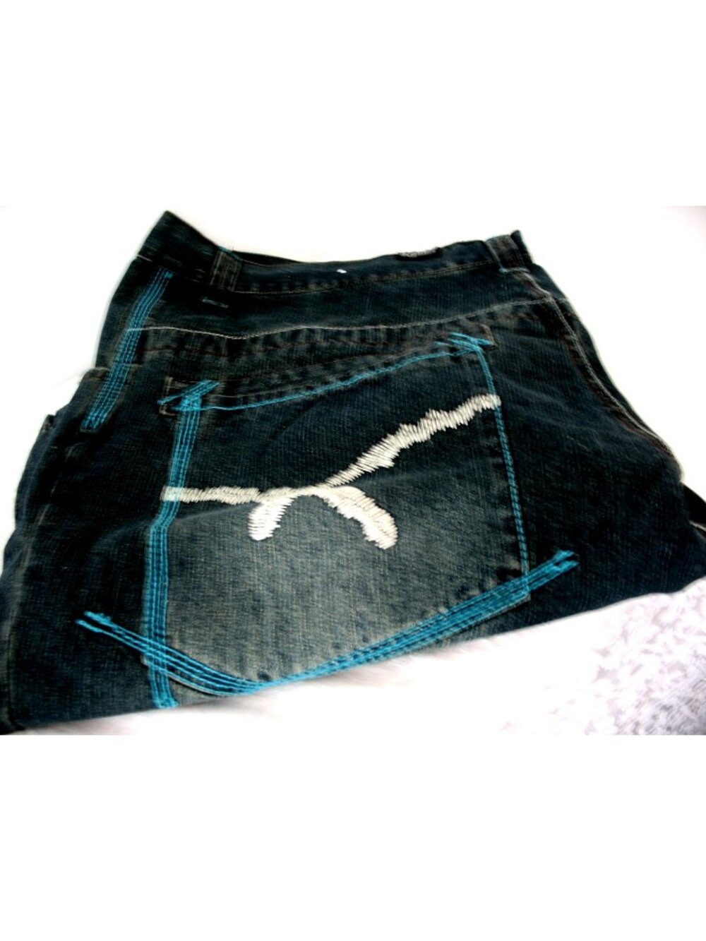 Vintage Raider Blue embroidered Denim Jeans W44 inseam 33.5 Y2K Baggy HipHop
